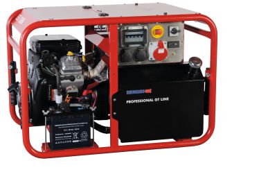 Mobiler offener Rahmen-Generator/Stromerzeuger – Motor mit großem Tank, Elektrostart-Batterie und Bedienpanel mit 230/400-V CEE-Steckdosen; ideal für Baustelle, Event und Notstrom.