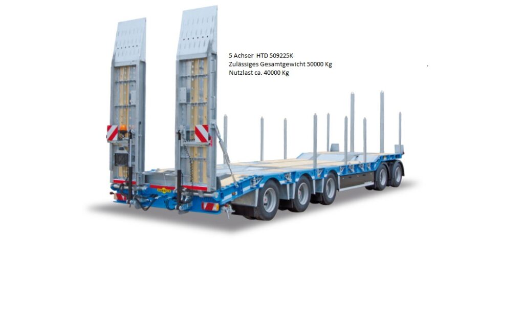 5-achsiger Schwerlast-Tieflader HTD 509225K mit hydraulischen Auffahrrampen und Rungen – zulässiges Gesamtgewicht 50.000 kg, Nutzlast ca. 40.000 kg; ideal für Baumaschinen- und Schwertransport.